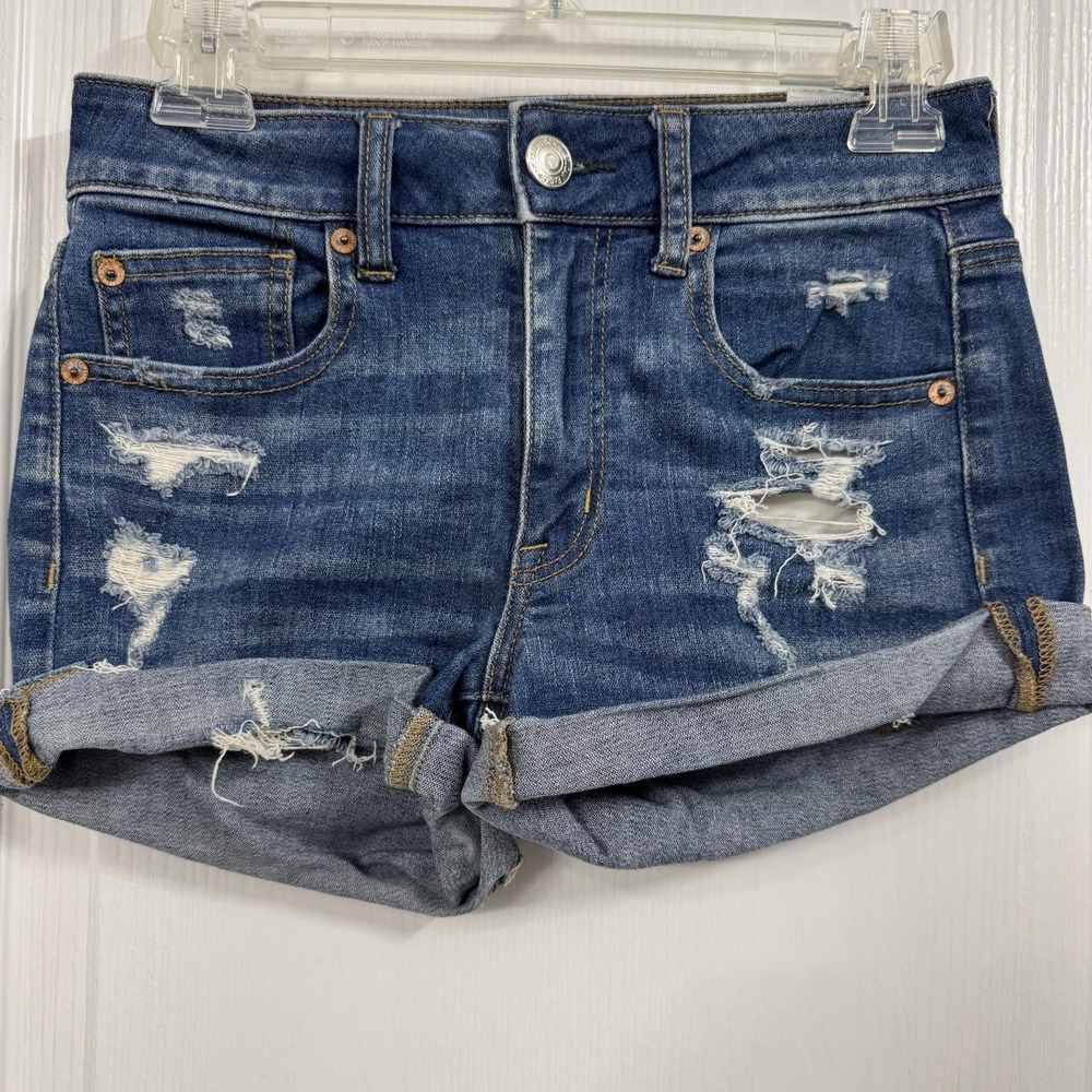American Eagle Hi-Rise Shortie Size 2 Stretch Blue Denim Jean Shorts Distressed‎